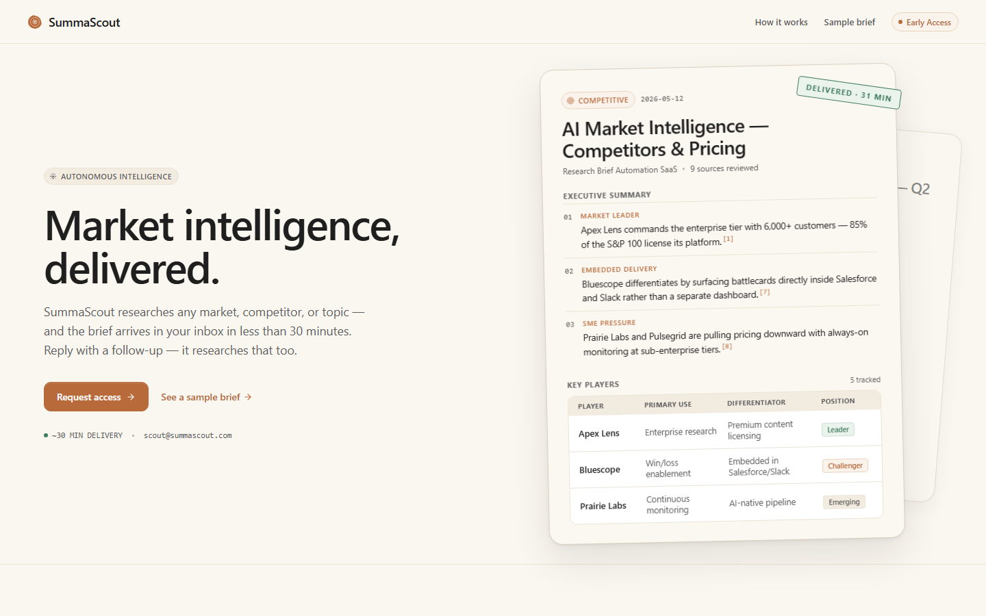 SummaScout — market intelligence delivered as analyst-grade research briefs